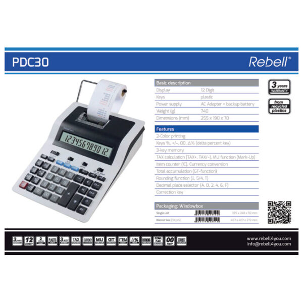 Računska mašina 12mesta sa adapterom Rebell RE-PDC30 WB bela - Image 2
